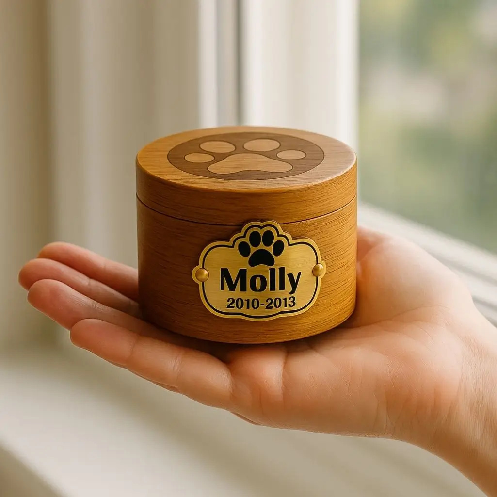 Malá dřevěná urna pro pejska s vyrytým otiskem tlapky a zlatým štítkem s nápisem „Molly 2010–2013“, kterou někdo jemně drží v dlani.