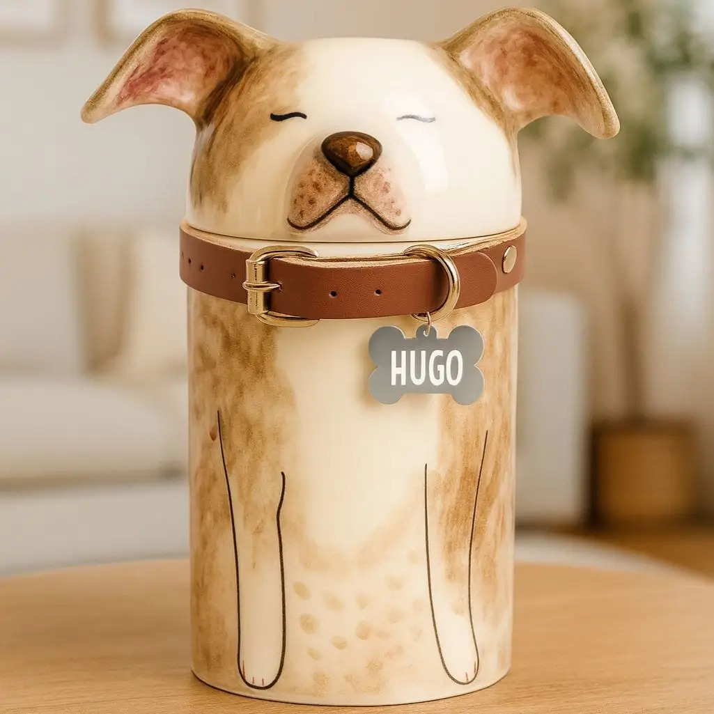 Keramická urna ve tvaru hnědého psa na dřevěném stole, s koženým obojkem a známkou ve tvaru kosti s vyrytým jménem Hugo.