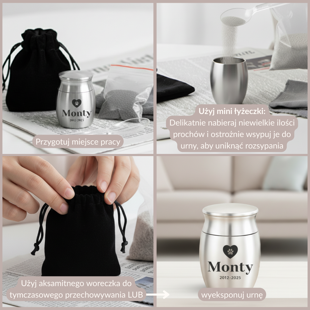 Instrukcja krok po kroku pokazująca napełnianie małej srebrnej urny pamiątkowej dla psa o imieniu Monty przy użyciu mini łyżeczki