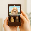 Coffret souvenir en bois pour chien personnalisé avec 2 fioles en verre pour cendres et poils, avec photo, nom, dates et message