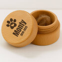 Coffret souvenir rond en bois pour chien, pour cendres ou poils, avec nom, dates & motif empreinte de patte