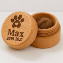 Coffret souvenir rond en bois pour chien, pour cendres ou poils, avec nom, dates & motif empreinte de patte