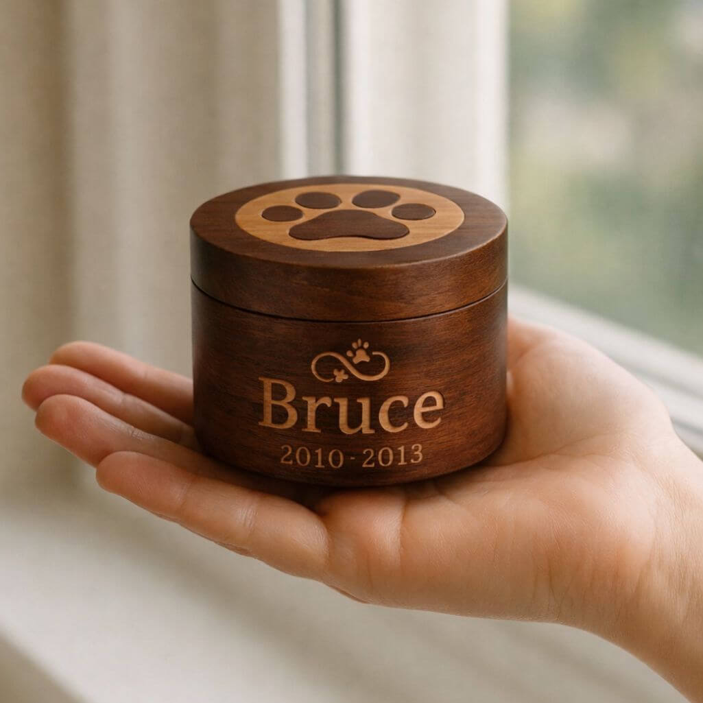 Urne funéraire pour chien en bois cœur-patte infini – Urne pour animal avec nom & dates gravés