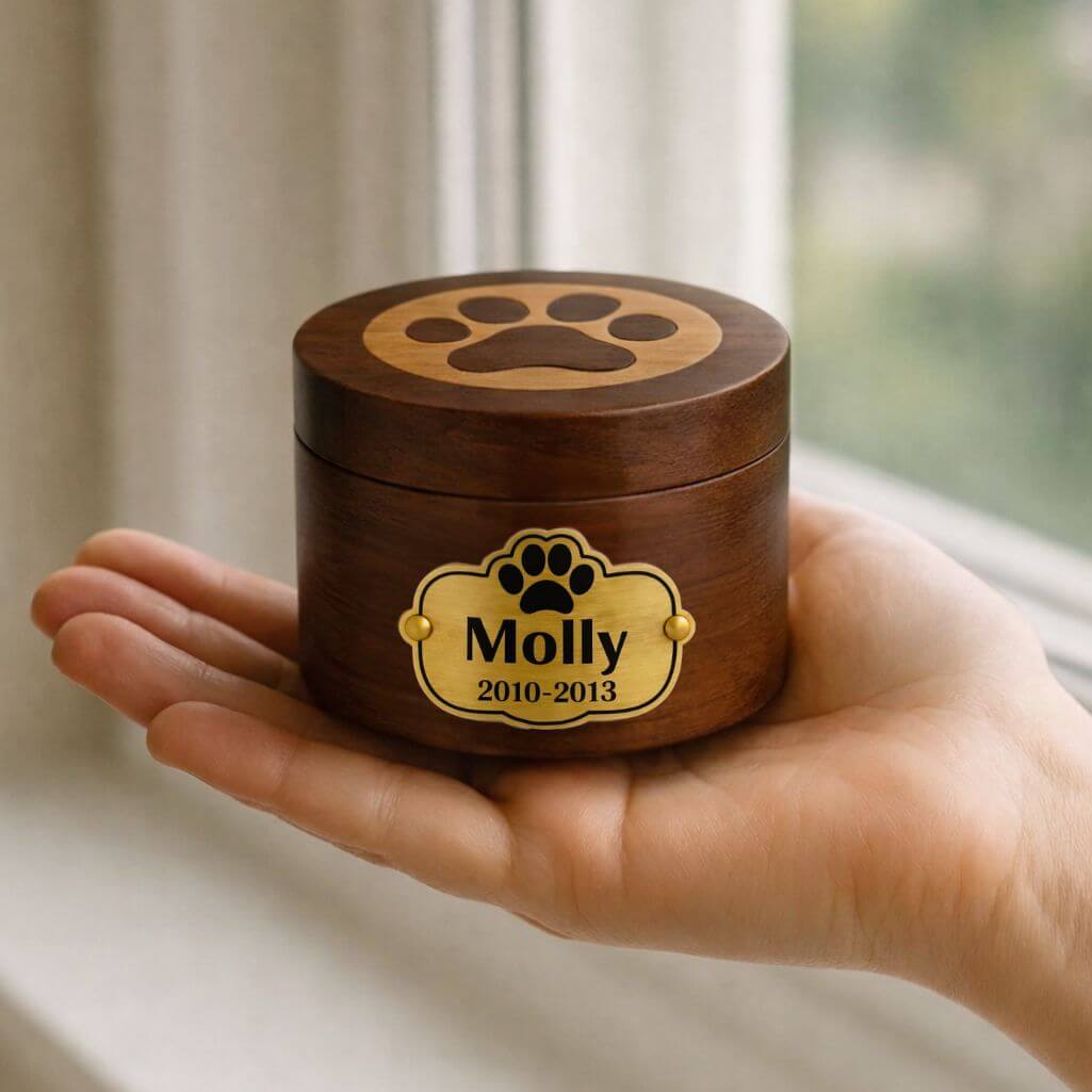 Urne funéraire pour chien en bois avec plaque en aluminium personnalisée – Urne pour animal avec nom & dates gravés
