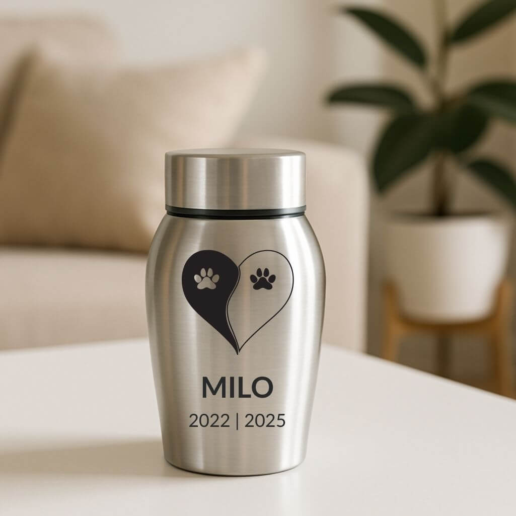Urne pour chien en acier inoxydable personnalisée avec nom, dates & motif yin-yang patte