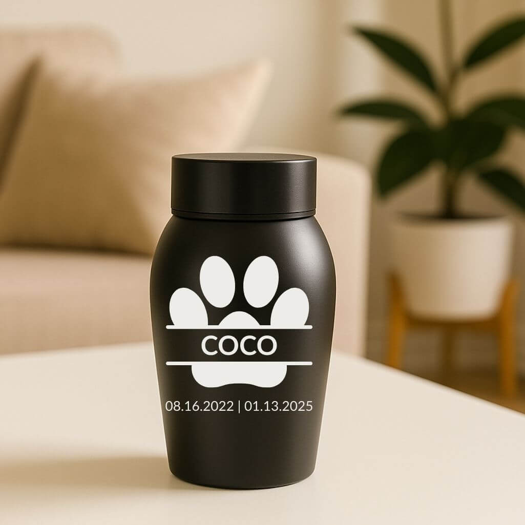 Personalised Dog Urn with Engraved Name & Dates in a Paw Print Design  – Pet Memorial Stainless Steel Urn