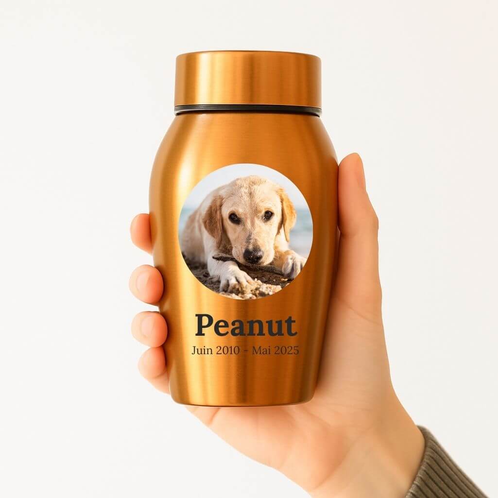 Personalised Dog Urn with Photo in a Heartfelt Halo Frame – Engraved Stainless Steel Memorial Urn with Name & Dates