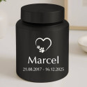 Urne pour chien cylindrique en acier inoxydable personnalisée avec nom, dates & motif cœur-patte