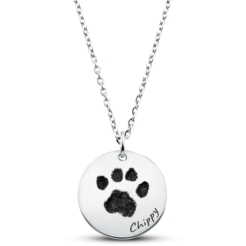 Collier commémoratif rond patte de chien personnalisé – Empreinte de patte, nom & dates gravés