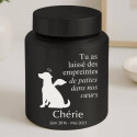 Urne pour chien cylindrique en acier inoxydable personnalisée avec nom, dates, message & motif ange