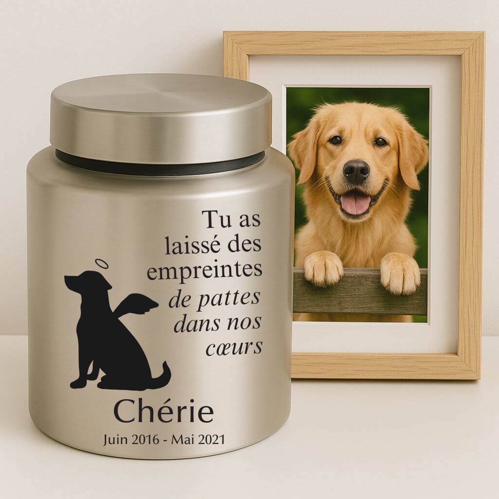 Personalised Dog Urn with Angel Pup Design – Engraved Stainless Steel Memorial Urn  with Name, Dates & Special Tribute