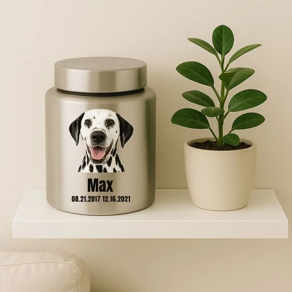 Urne argentée pour chien avec photo de Dalmatien et nom Max accompagnés des dates de naissance et de décès, posée sur une étagère près d’une plante.