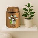 Urne cylindrique pour chien en acier inoxydable personnalisée avec photos dans un cadre en forme de patte, nom & dates