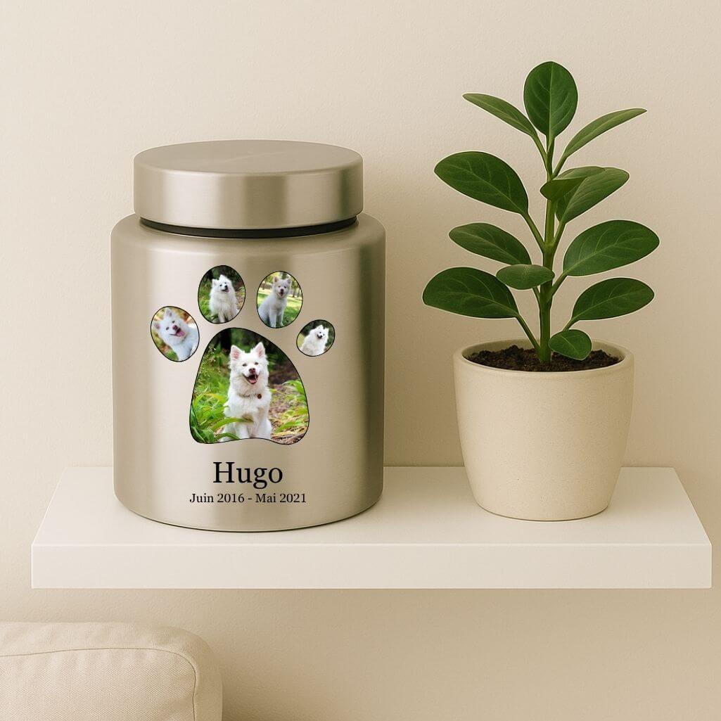 Personalised Dog Urn with Photos in a Paw-shaped Frame – Engraved Cylinder Stainless Steel Memorial Urn  with Name & Dates