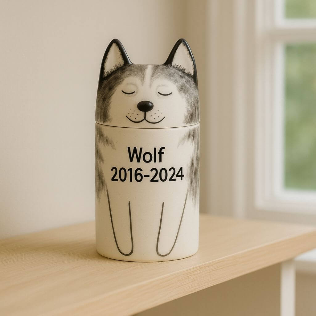 Personalised Handmade Ceramic Dog Urn by Breed – Custom Memorial Urn with Painted Portrait &  Closed Eyes Design