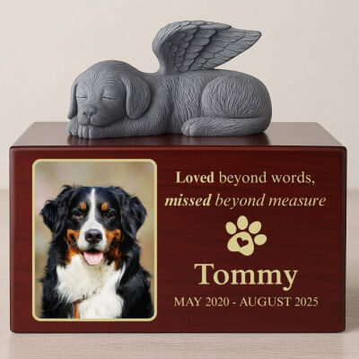 Personalised Wooden Dog Urn Box with Angel Dog... Personalised Wooden Dog Urn Box with Angel Dog...