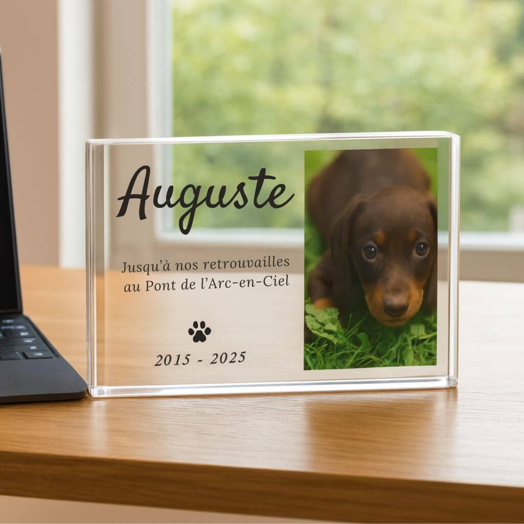 Plaque commémorative chien personnalisée – Cadre photo paysage en acrylique pour chien avec photo, nom & dates