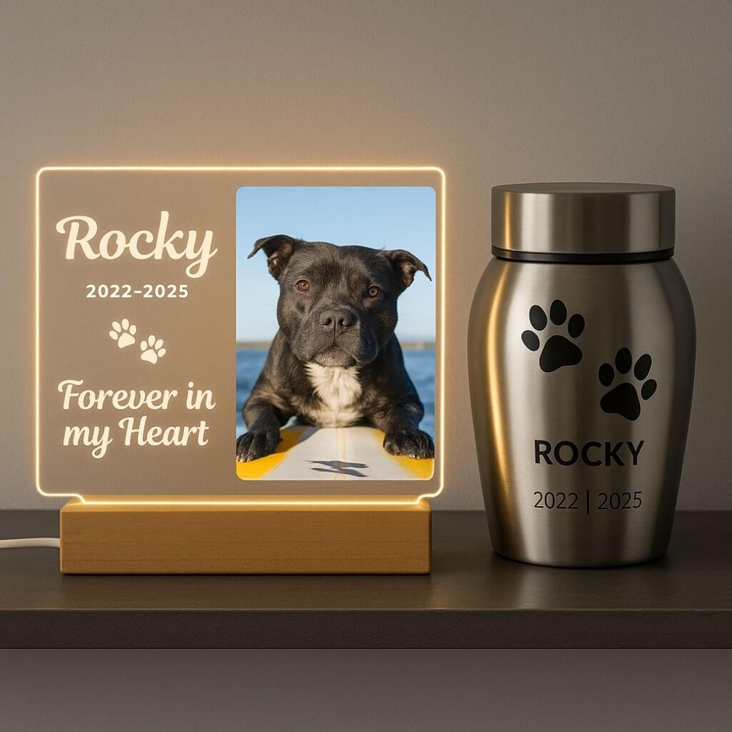 Personalised Dog Memorial Light with Photo – Rectangular Landscape LED Pet Tribute Lamp with Engraved Name & Dates on Acrylic Pl