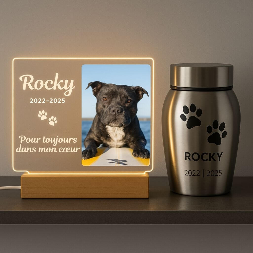 Lampe cadre photo chien personnalisé – Plaque commémorative rectangulaire en acrylique avec LED avec nom, dates & message gravés