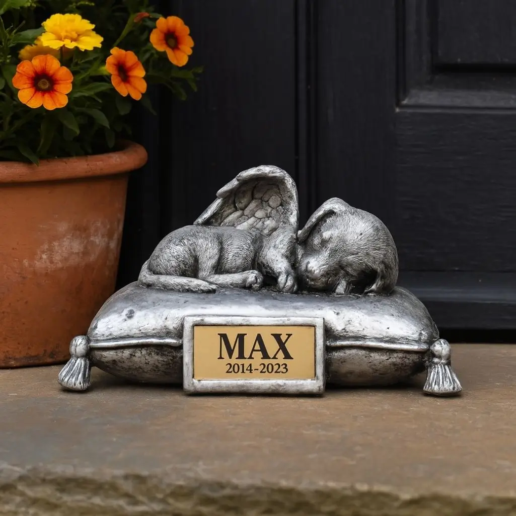 Urne commémorative en résine en forme d’ange-chien endormi sur un coussin, avec plaque dorée « Max 2014–2023 », posée près d’une porte d’entrée.