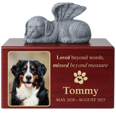 Personalised Wooden Dog Urn Box with Angel Dog Statue – Pet Cremation Urn for Ashes with Photo, Name, Dates & Tribute