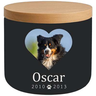 Personalised Ceramic Dog Urn with Photo in Heart Frame – Pet Cremation Urn for Ashes with Name & Dates