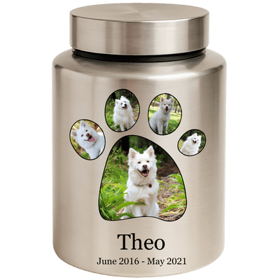 Personalised Dog Urn with Photos in a Paw-shaped Frame – Engraved Cylinder Stainless Steel Memorial Urn with Name & Dates