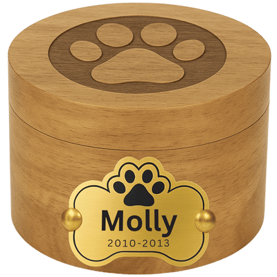 Personalised Wooden Dog Urn with Aluminium Plate – Pet Memorial Urn with Engraved Name & Dates